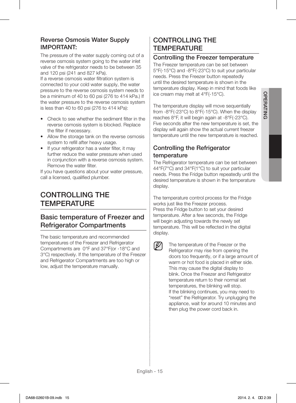 Controlling the temperature | Samsung RF261BIAESR-AA User Manual | Page 15 / 84