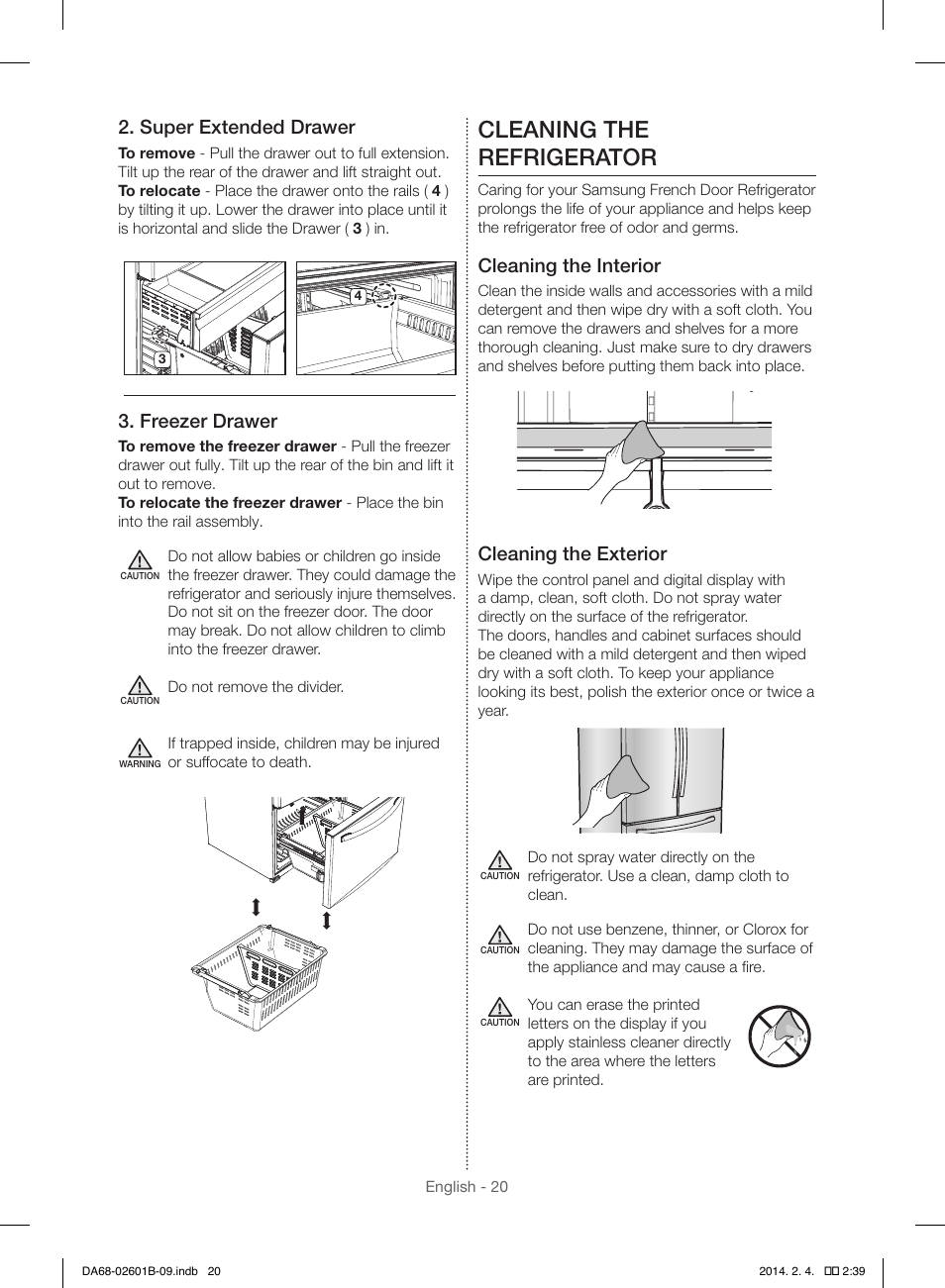 Cleaning the refrigerator, Super extended drawer, Freezer drawer | Cleaning the interior, Cleaning the exterior | Samsung RF261BIAESR-AA User Manual | Page 20 / 84