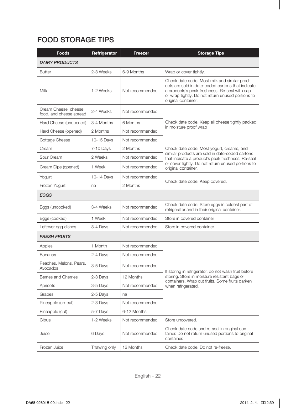 Food storage tips | Samsung RF261BIAESR-AA User Manual | Page 22 / 84
