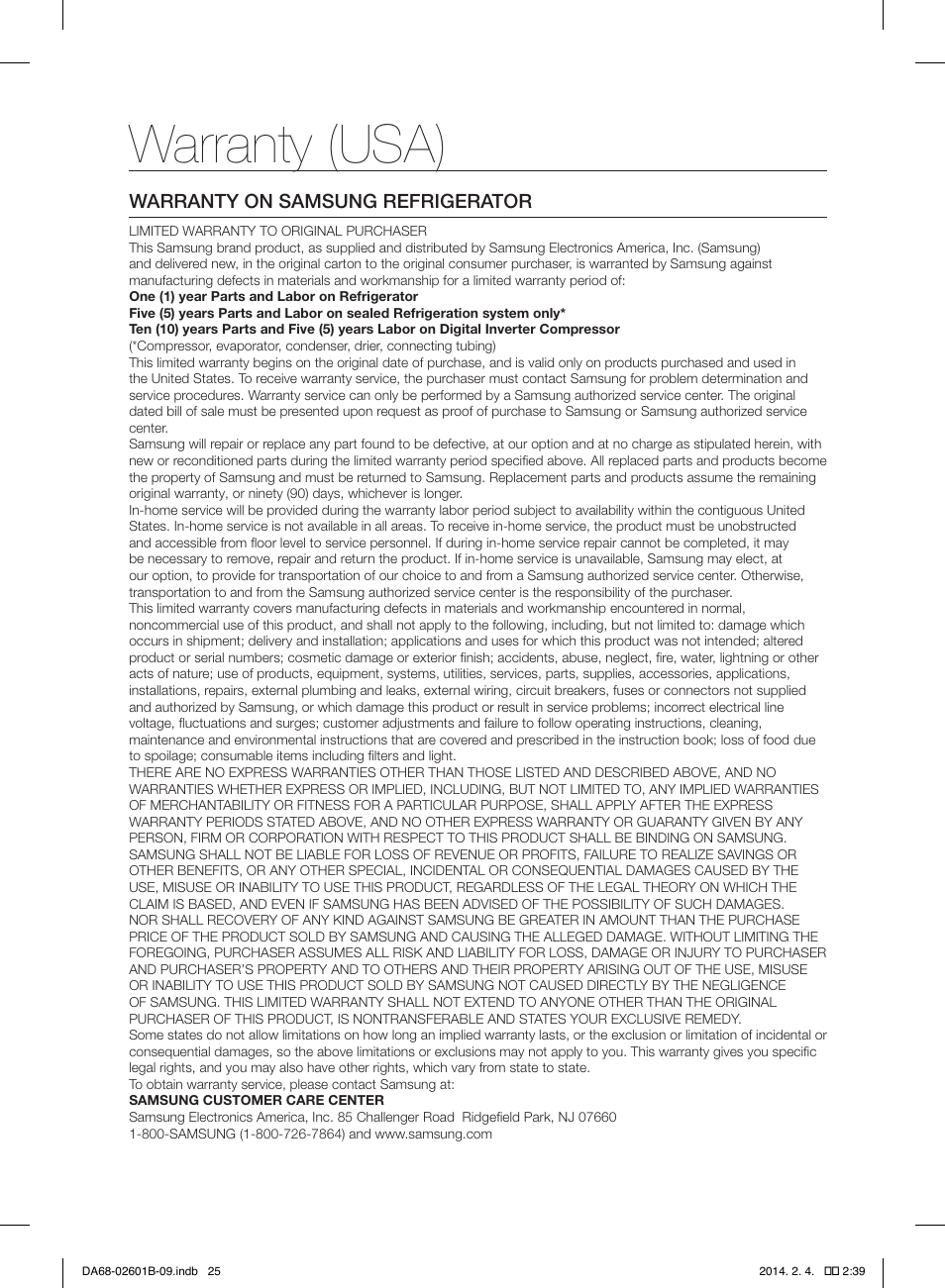 Warranty (usa) | Samsung RF261BIAESR-AA User Manual | Page 25 / 84