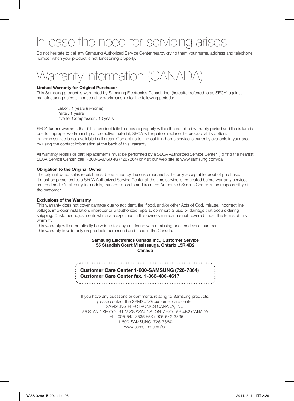 Warranty information (canada) | Samsung RF261BIAESR-AA User Manual | Page 26 / 84