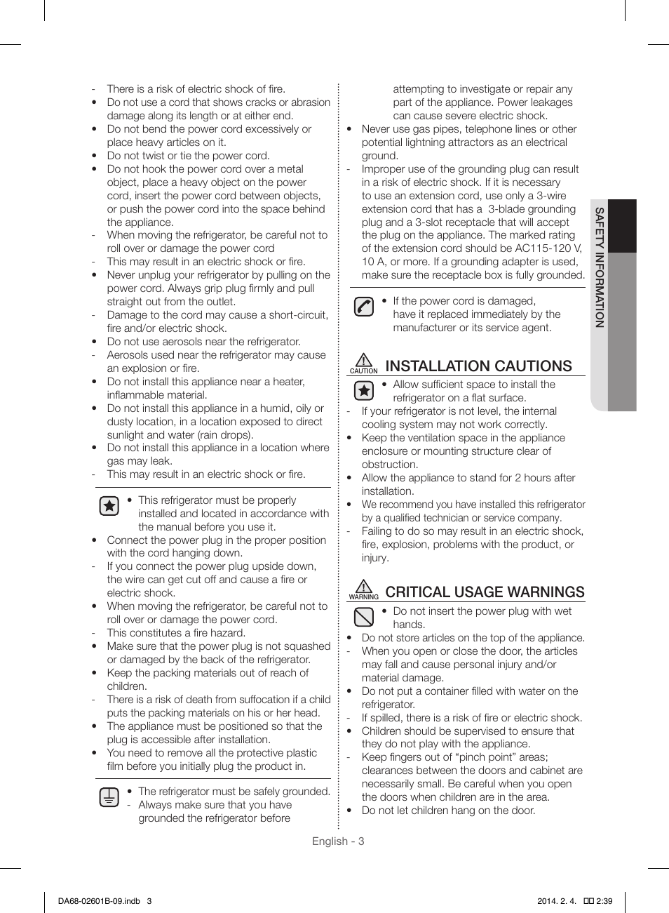 Installation cautions, Critical usage warnings | Samsung RF261BIAESR-AA User Manual | Page 3 / 84