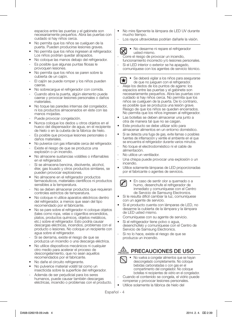 Precauciones de uso | Samsung RF261BIAESR-AA User Manual | Page 32 / 84