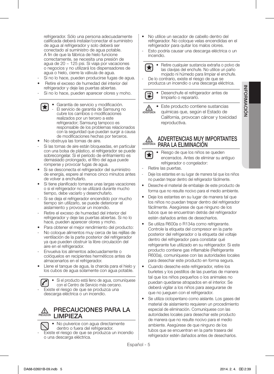 Precauciones para la limpieza, Advertencias muy importantes para la eliminación | Samsung RF261BIAESR-AA User Manual | Page 33 / 84