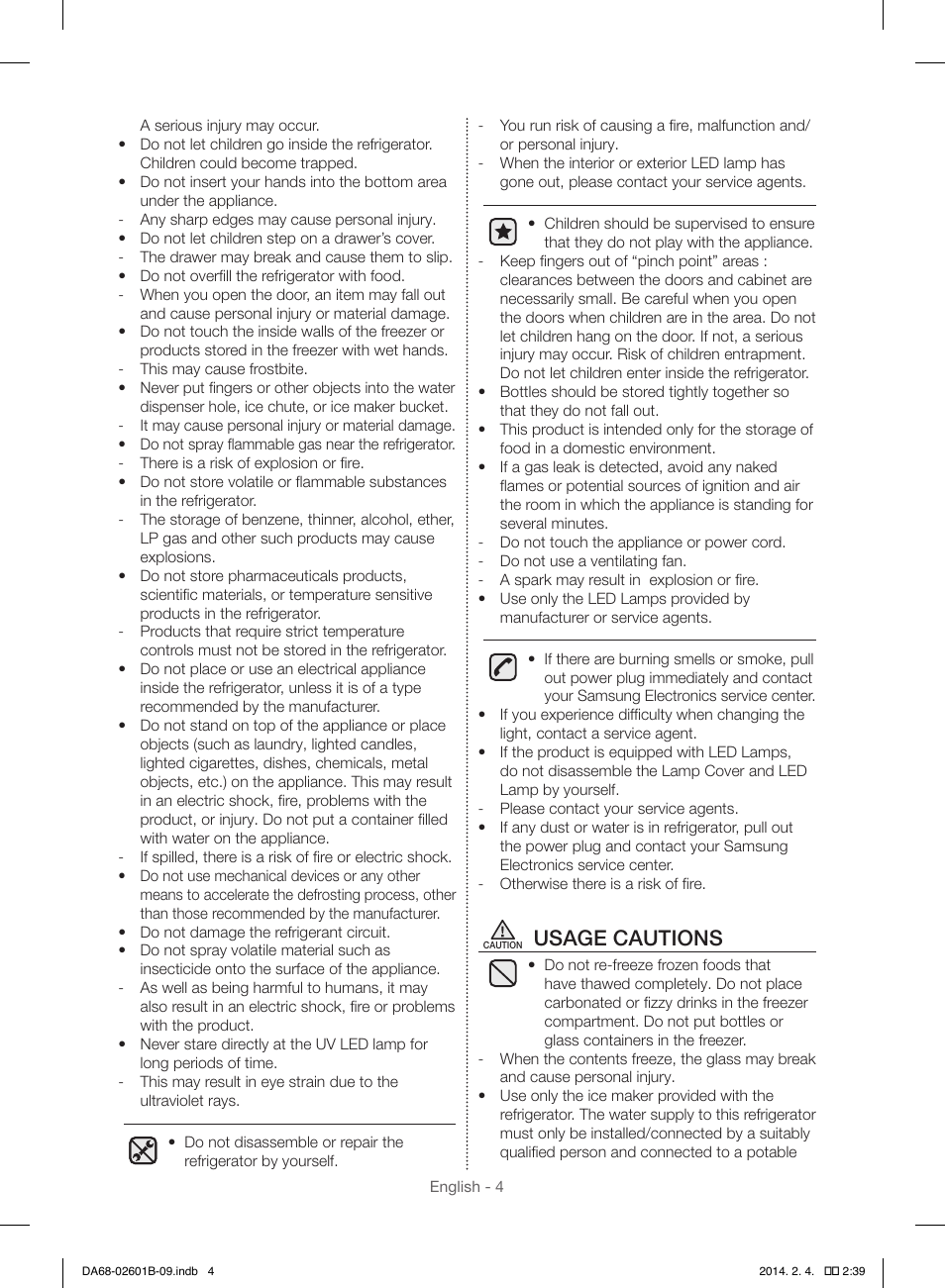 Usage cautions | Samsung RF261BIAESR-AA User Manual | Page 4 / 84