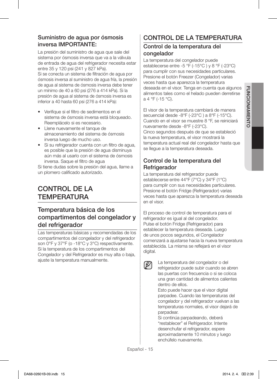 Control de la temperatura | Samsung RF261BIAESR-AA User Manual | Page 43 / 84