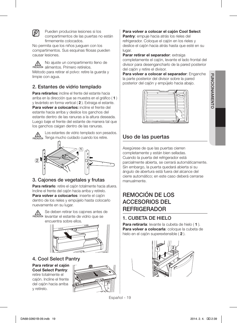 Remoción de los accesorios del refrigerador, Uso de las puertas, Estantes de vidrio templado | Cajones de vegetales y frutas, Cool select pantry, Cubeta de hielo | Samsung RF261BIAESR-AA User Manual | Page 47 / 84