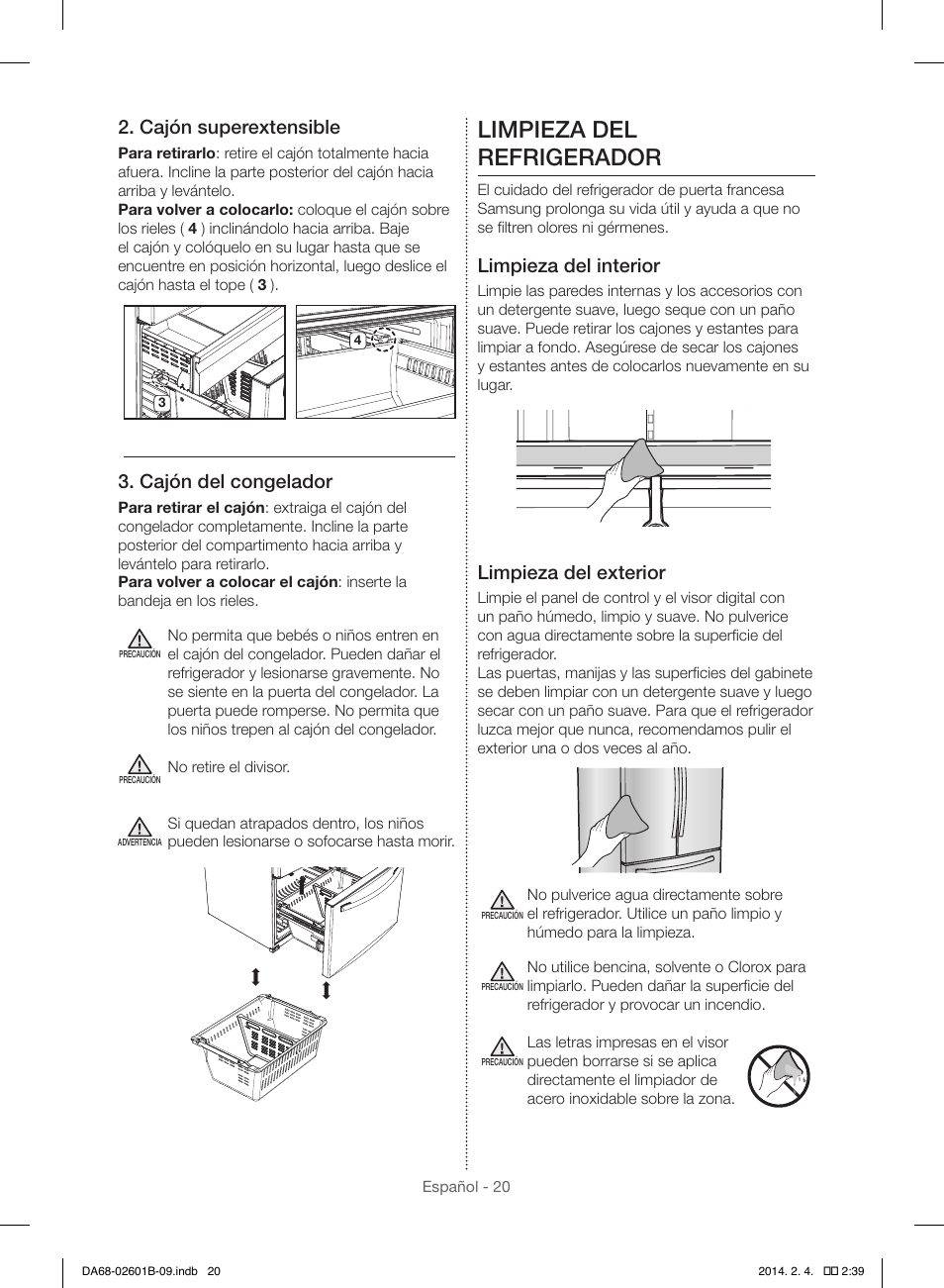 Limpieza del refrigerador, Cajón superextensible, Cajón del congelador | Limpieza del interior, Limpieza del exterior | Samsung RF261BIAESR-AA User Manual | Page 48 / 84