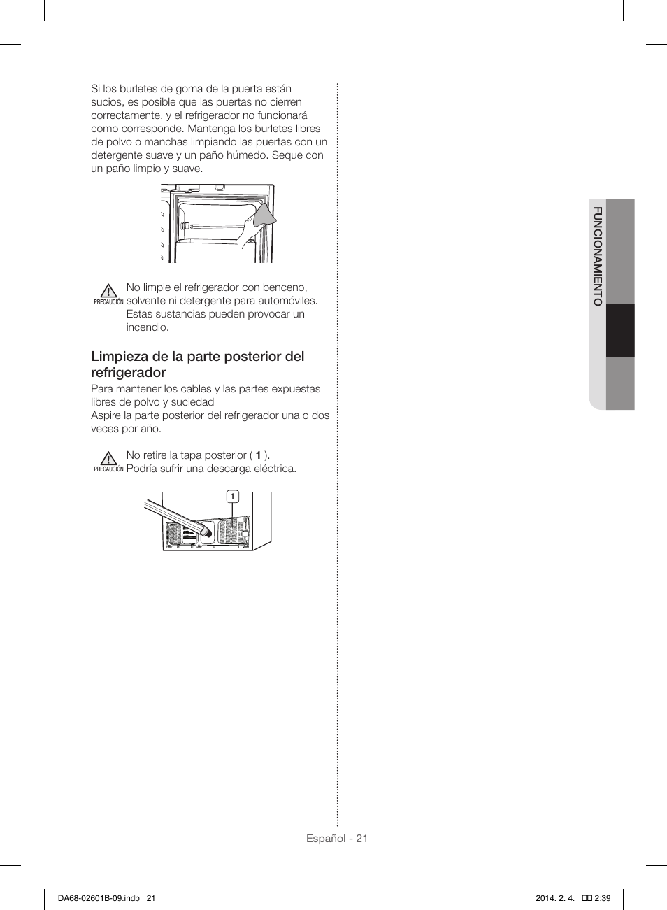 Limpieza de la parte posterior del refrigerador | Samsung RF261BIAESR-AA User Manual | Page 49 / 84