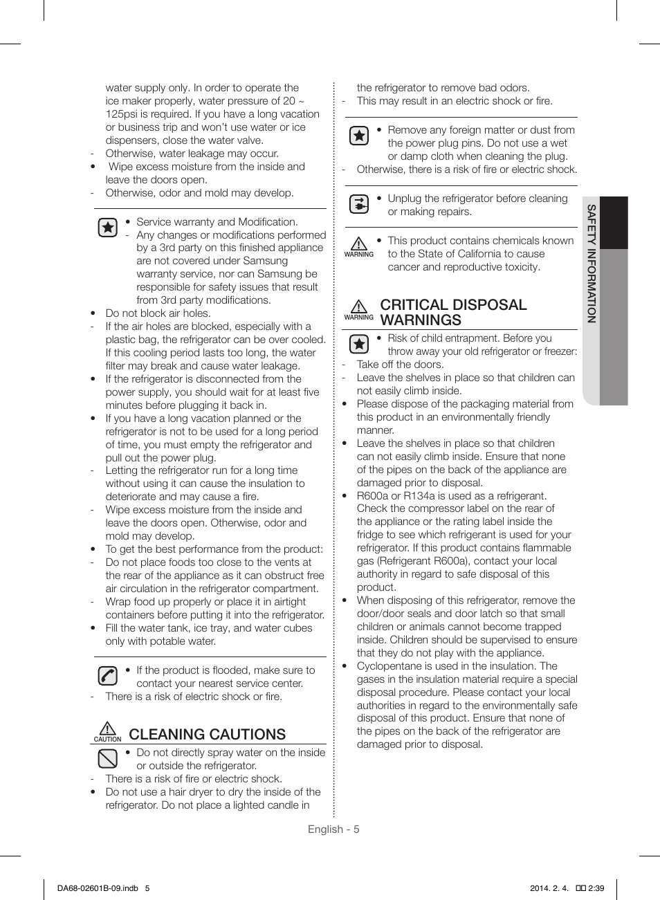 Cleaning cautions, Critical disposal warnings | Samsung RF261BIAESR-AA User Manual | Page 5 / 84