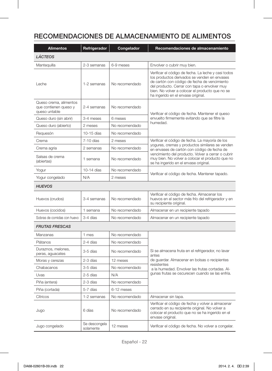 Recomendaciones de almacenamiento de alimentos | Samsung RF261BIAESR-AA User Manual | Page 50 / 84