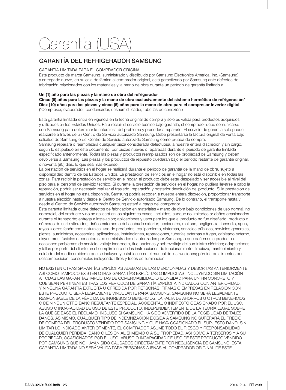Garantía (usa) | Samsung RF261BIAESR-AA User Manual | Page 53 / 84