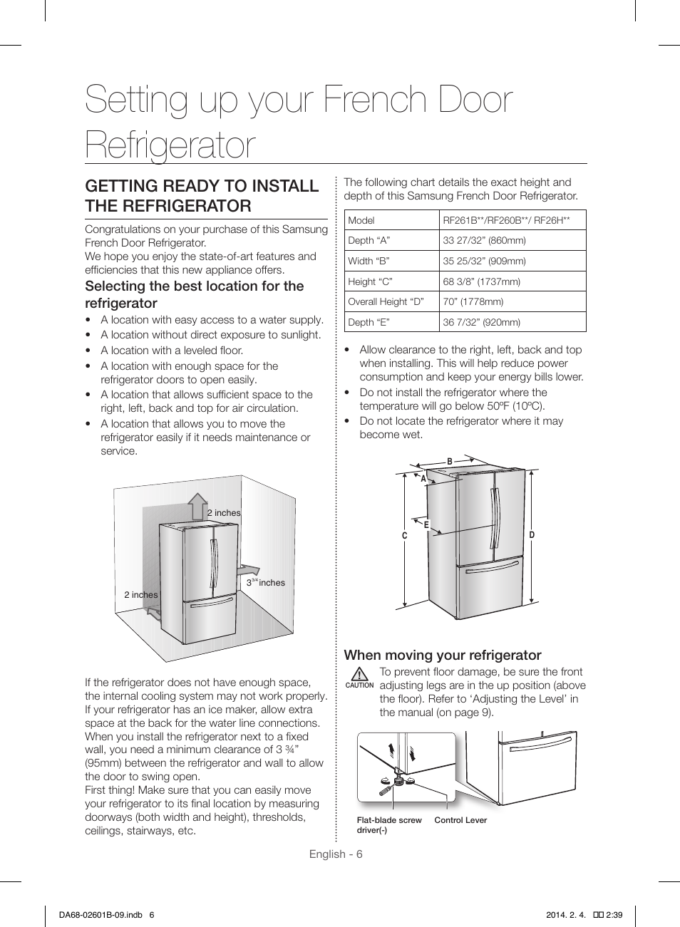 Setting up your french door refrigerator, Getting ready to install the refrigerator, Selecting the best location for the refrigerator | When moving your refrigerator | Samsung RF261BIAESR-AA User Manual | Page 6 / 84