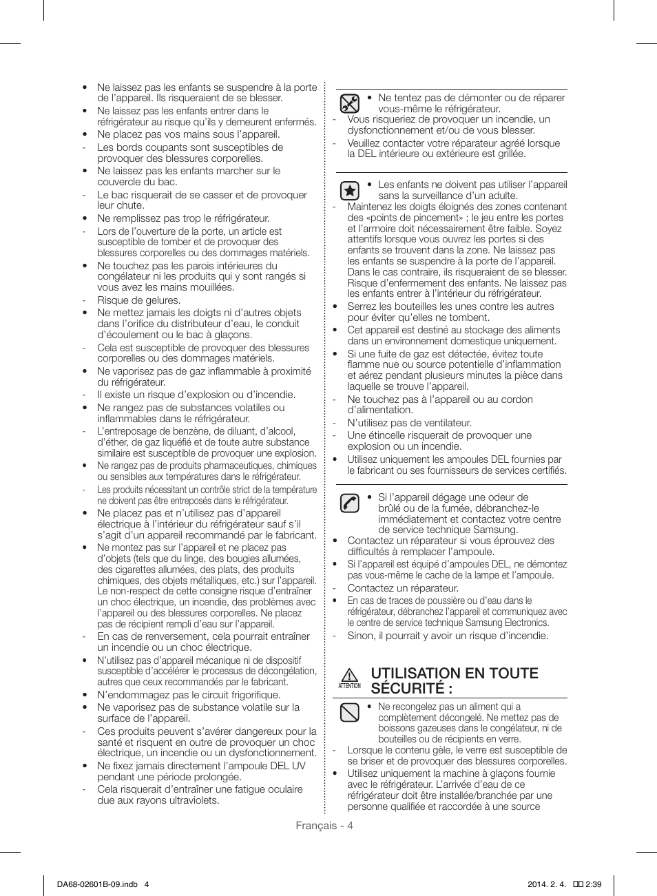 Utilisation en toute sécurité | Samsung RF261BIAESR-AA User Manual | Page 60 / 84