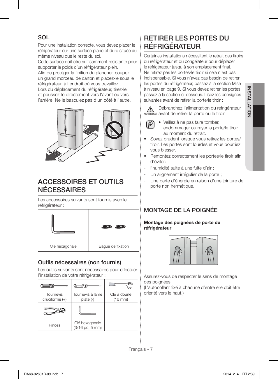 Accessoires et outils nécessaires, Retirer les portes du réfrigérateur, Outils nécessaires (non fournis) | Montage de la poignée | Samsung RF261BIAESR-AA User Manual | Page 63 / 84