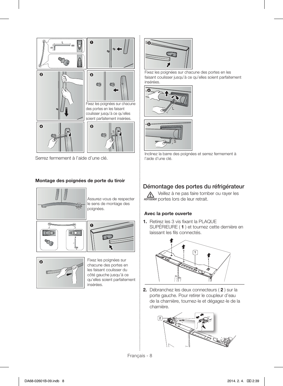 Démontage des portes du réfrigérateur | Samsung RF261BIAESR-AA User Manual | Page 64 / 84