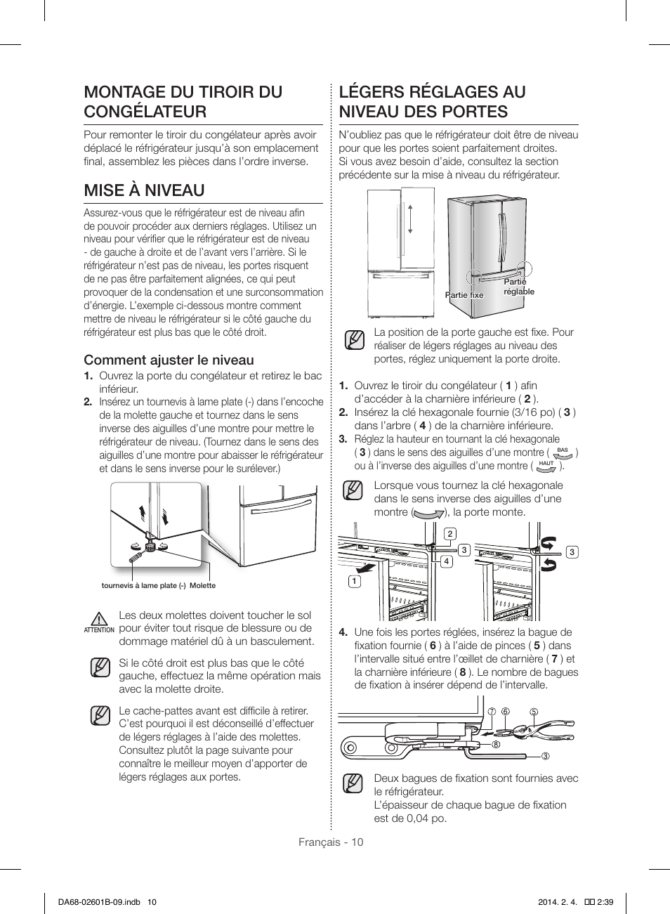 Montage du tiroir du congélateur, Mise à niveau, Légers réglages au niveau des portes | Comment ajuster le niveau | Samsung RF261BIAESR-AA User Manual | Page 66 / 84