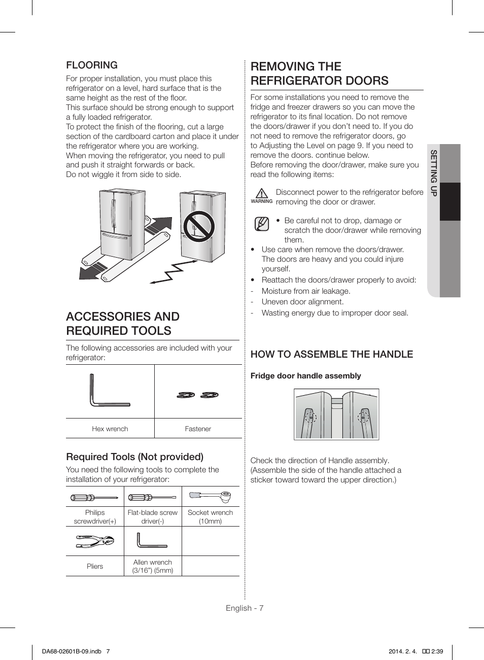 Accessories and required tools, Removing the refrigerator doors, Flooring | Required tools (not provided), How to assemble the handle | Samsung RF261BIAESR-AA User Manual | Page 7 / 84