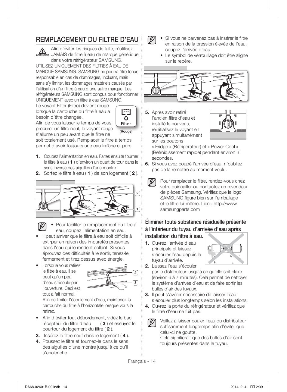 Remplacement du filtre d’eau | Samsung RF261BIAESR-AA User Manual | Page 70 / 84