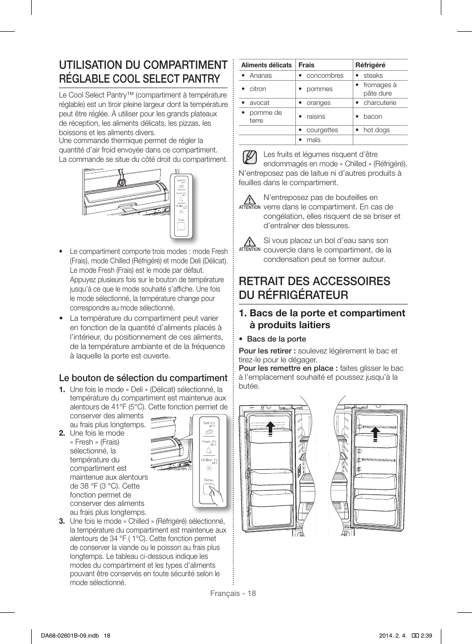 Retrait des accessoires du réfrigérateur, Le bouton de sélection du compartiment | Samsung RF261BIAESR-AA User Manual | Page 74 / 84