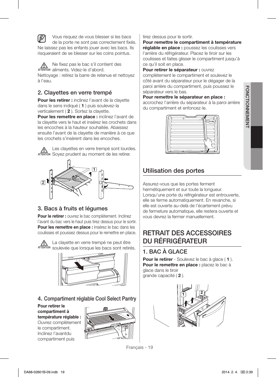 Retrait des accessoires du réfrigérateur, Utilisation des portes, Clayettes en verre trempé | Bacs à fruits et légumes, Compartiment réglable cool select pantry, Bac à glace | Samsung RF261BIAESR-AA User Manual | Page 75 / 84