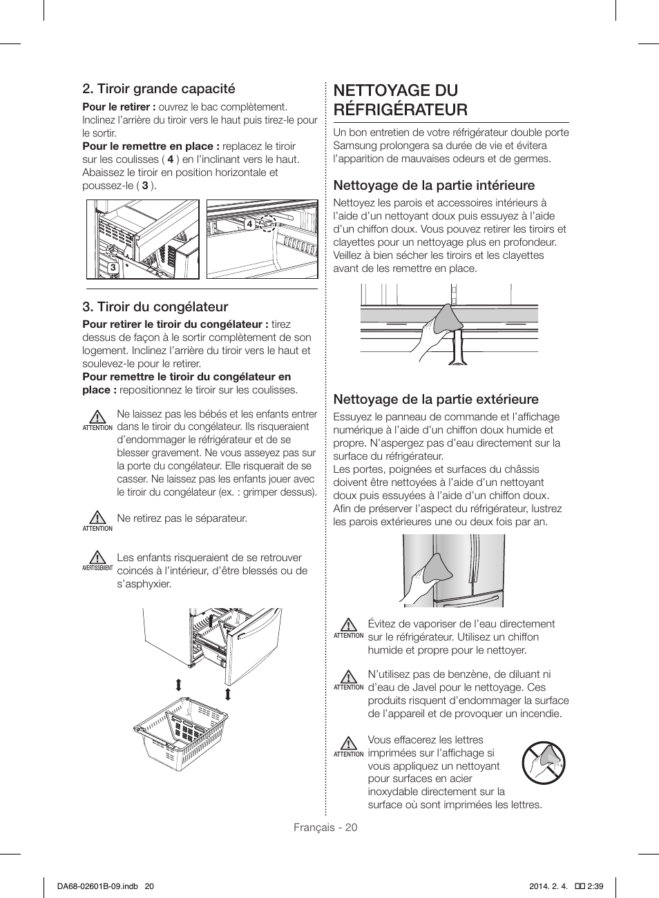 Nettoyage du réfrigérateur, Tiroir grande capacité, Tiroir du congélateur | Nettoyage de la partie intérieure, Nettoyage de la partie extérieure | Samsung RF261BIAESR-AA User Manual | Page 76 / 84