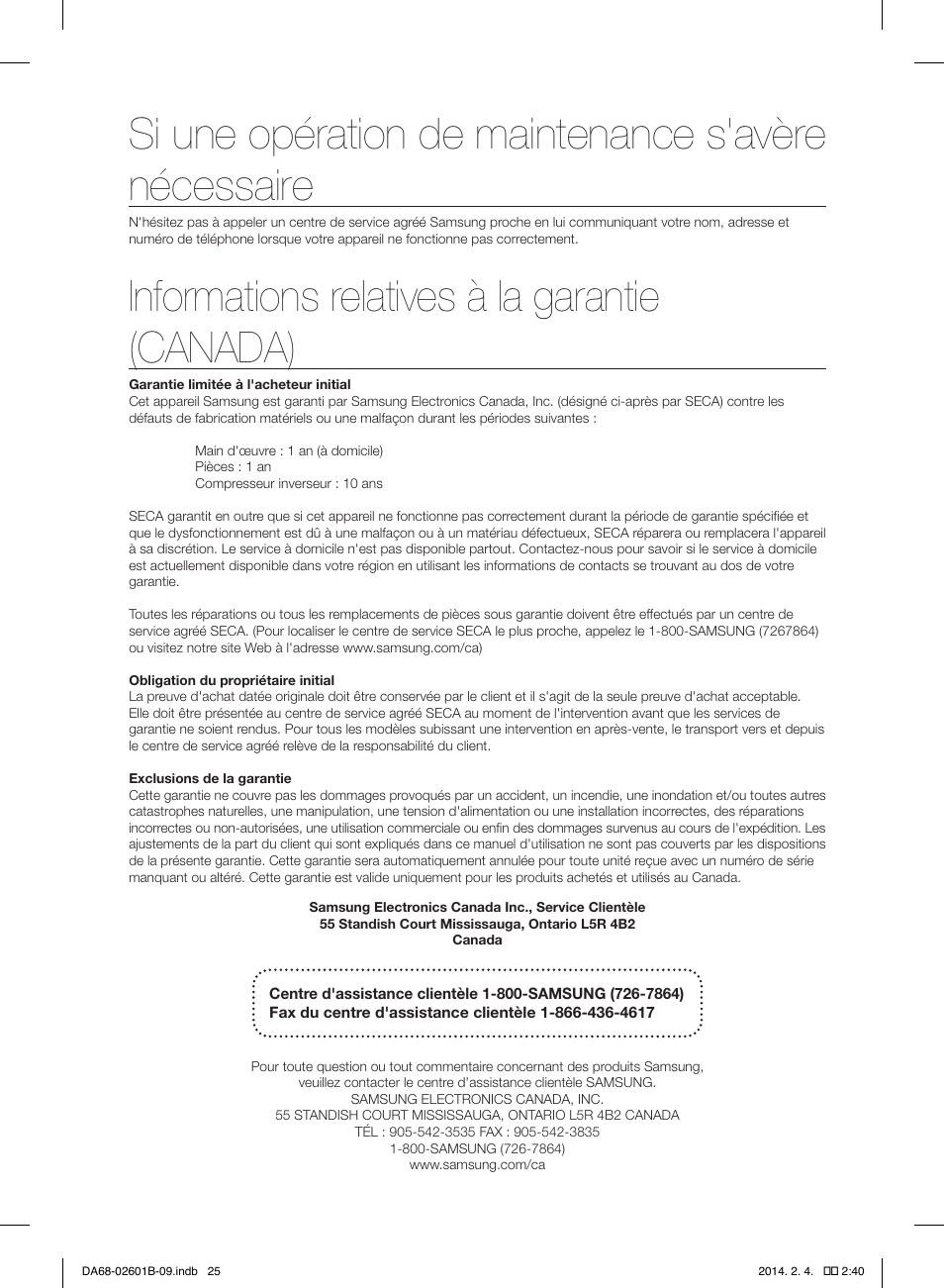 Si une opération de maintenance s'avère nécessaire, Informations relatives à la garantie (canada) | Samsung RF261BIAESR-AA User Manual | Page 81 / 84