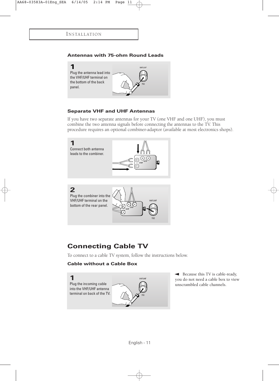 Antennas with 75-ohm round leads, Separate vhf and uhf antennas, Connecting cable tv | Cable without a cable box | Samsung TXR2735X-XAA User Manual | Page 11 / 64