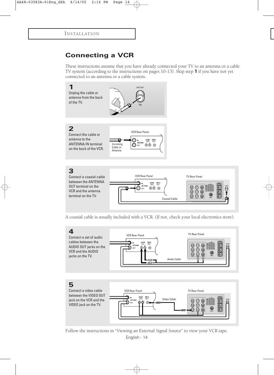 Connecting a vcr | Samsung TXR2735X-XAA User Manual | Page 14 / 64