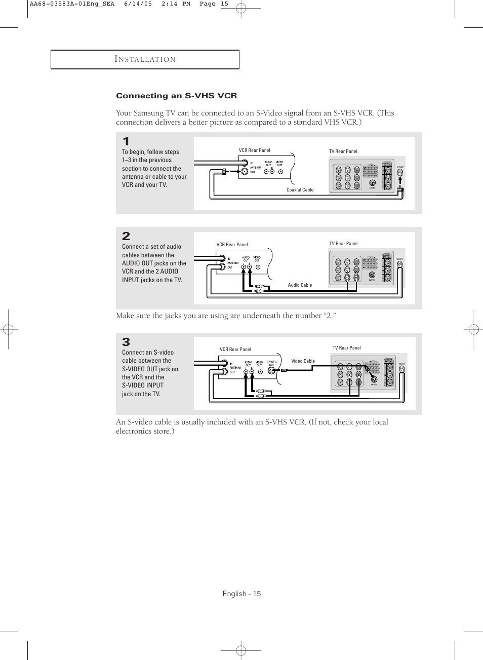 Connecting an s-vhs vcr | Samsung TXR2735X-XAA User Manual | Page 15 / 64