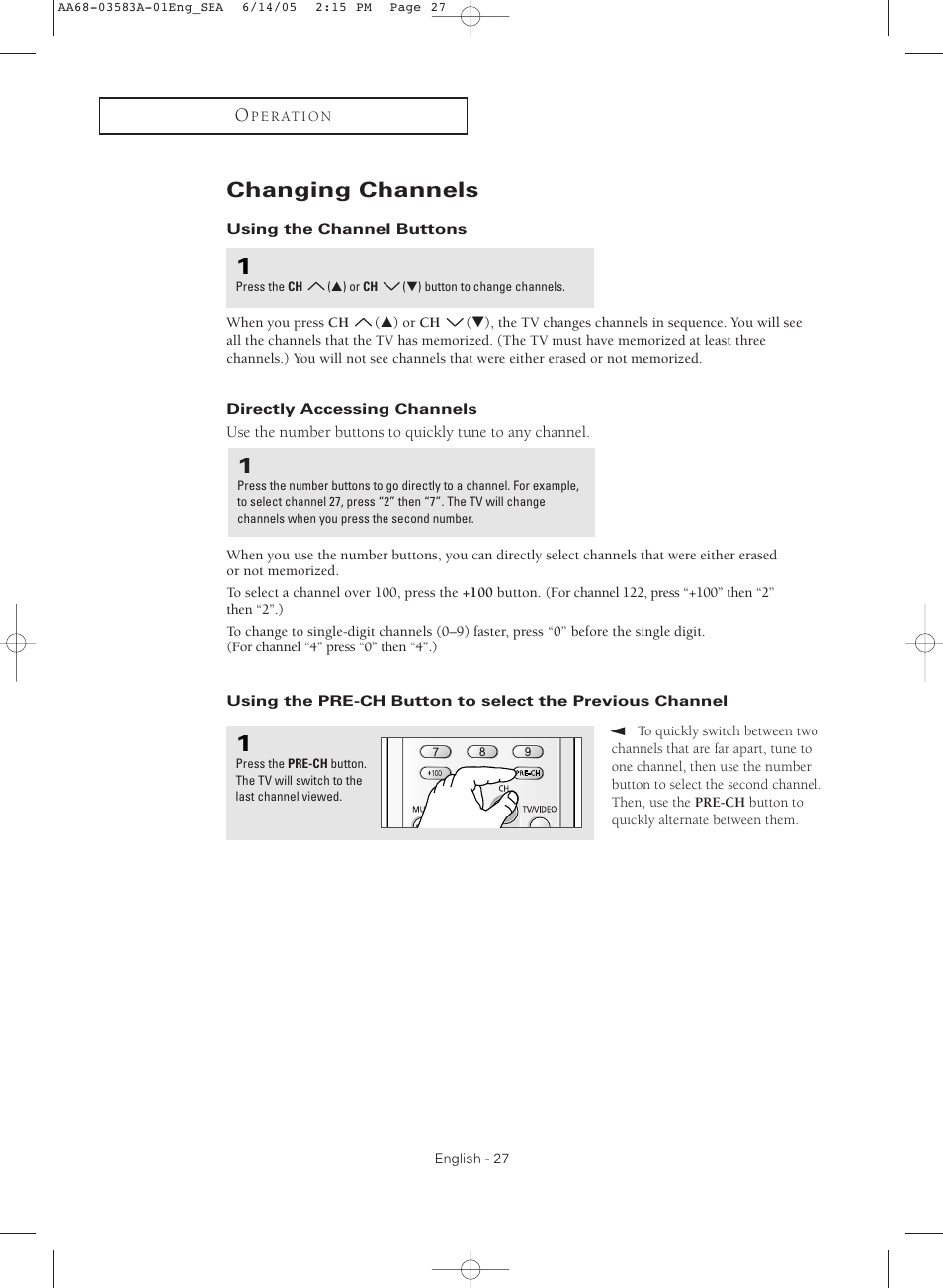 Changing channels, Using the channel buttons, Directly accessing channels | Samsung TXR2735X-XAA User Manual | Page 27 / 64