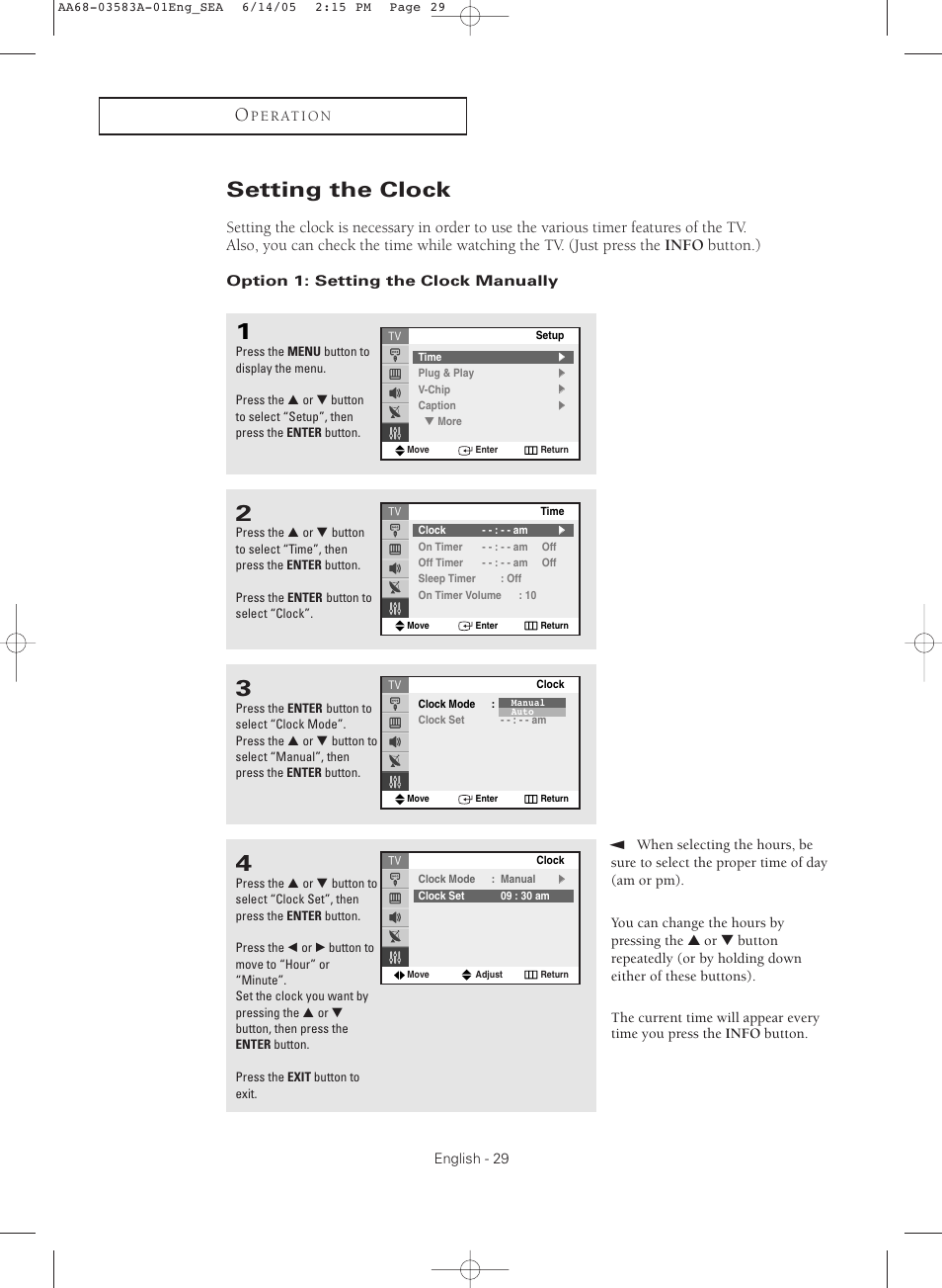 Setting the clock | Samsung TXR2735X-XAA User Manual | Page 29 / 64