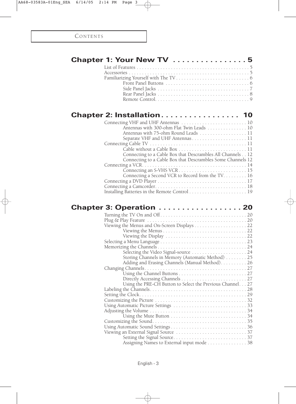Chapter 1: your new tv, Chapter 2: installation, Chapter 3: operation | Samsung TXR2735X-XAA User Manual | Page 3 / 64
