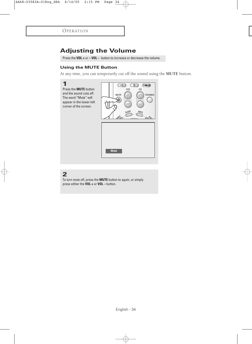 Adjusting the volume, Using the mute button | Samsung TXR2735X-XAA User Manual | Page 34 / 64