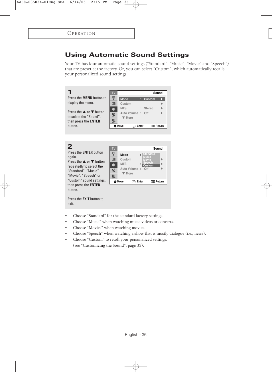 Using automatic sound settings | Samsung TXR2735X-XAA User Manual | Page 36 / 64