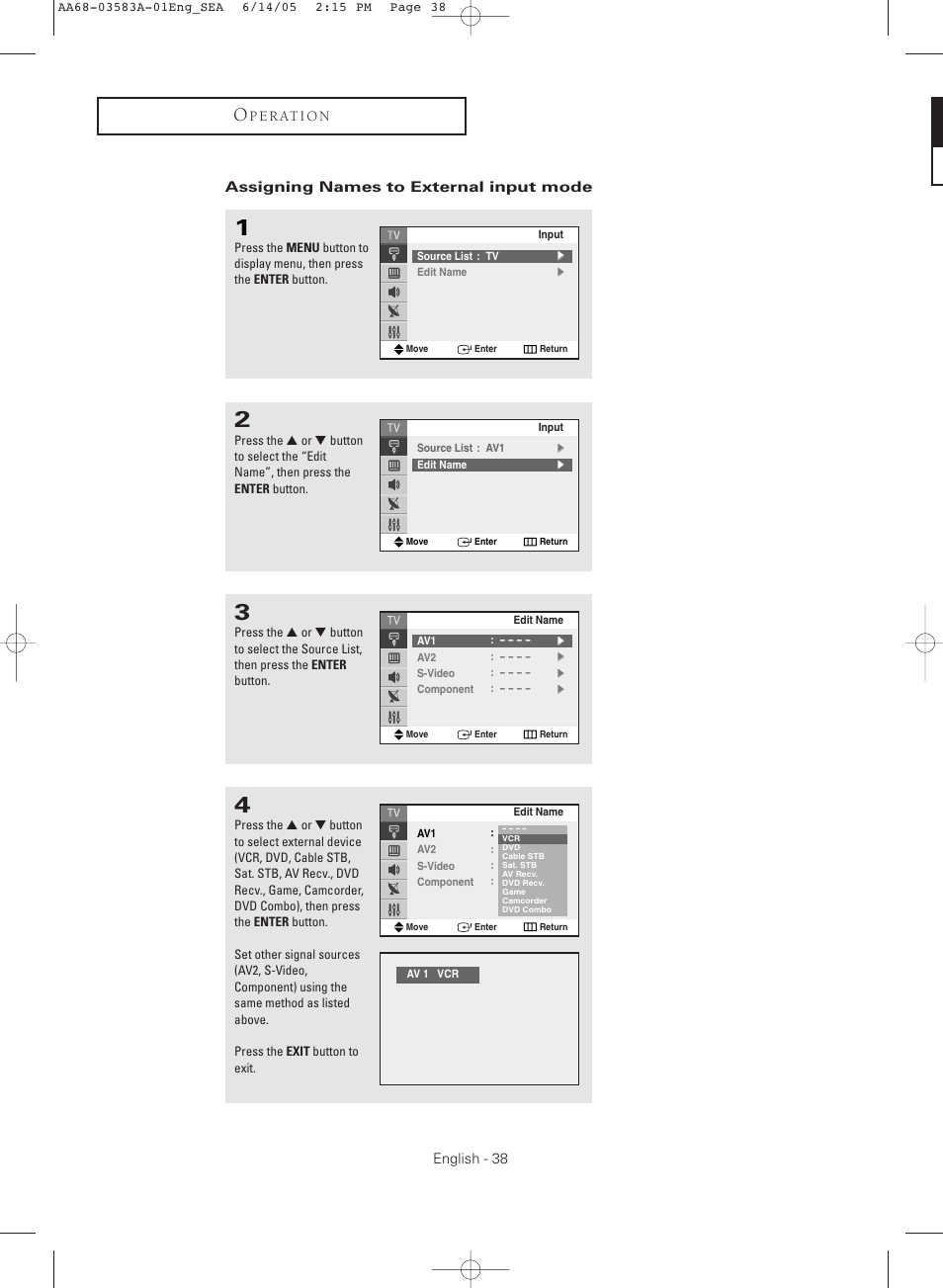 Assigning names to external input mode | Samsung TXR2735X-XAA User Manual | Page 38 / 64