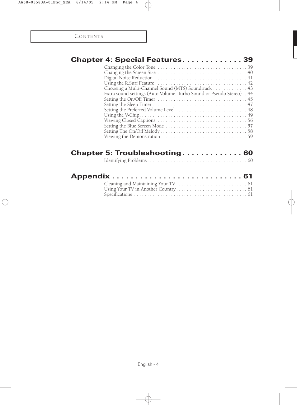 Chapter 4: special features, Chapter 5: troubleshooting, Appendix | Samsung TXR2735X-XAA User Manual | Page 4 / 64