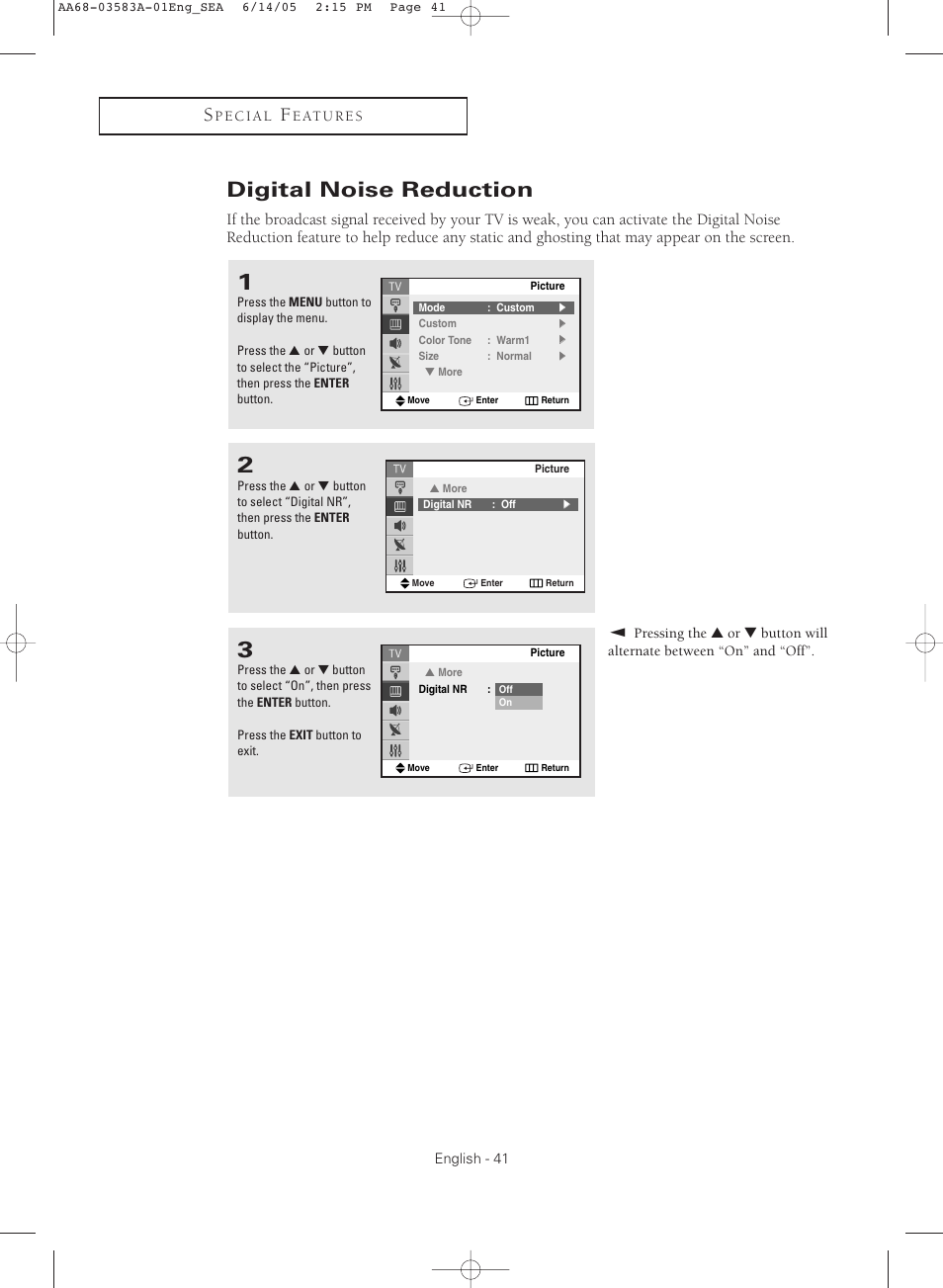 Digital noise reduction | Samsung TXR2735X-XAA User Manual | Page 41 / 64