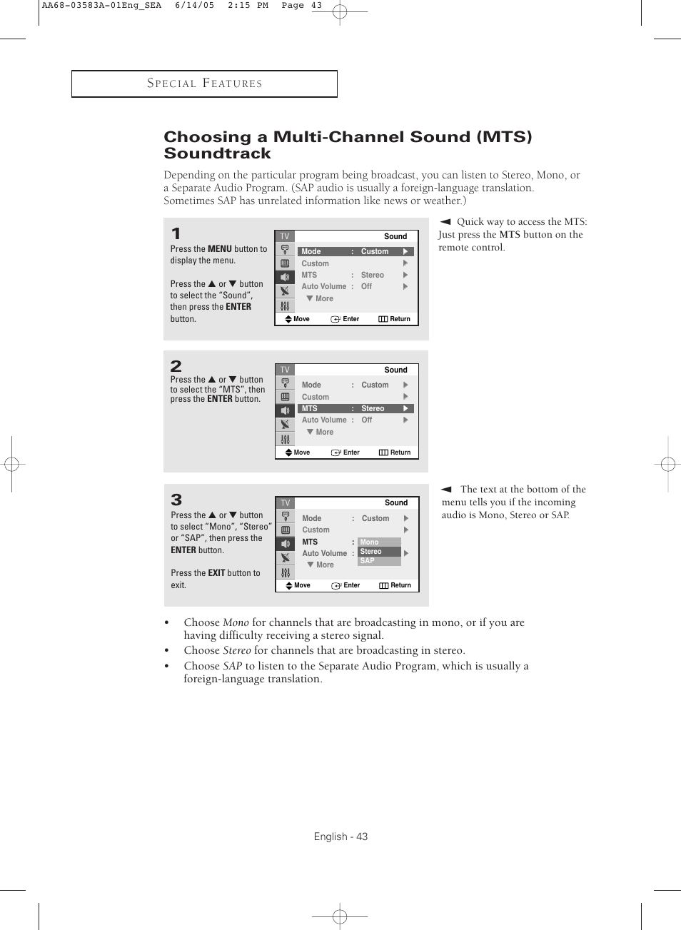 Choosing a multi-channel sound(mts) soundtrack, Choosing a multi-channel sound (mts) soundtrack | Samsung TXR2735X-XAA User Manual | Page 43 / 64