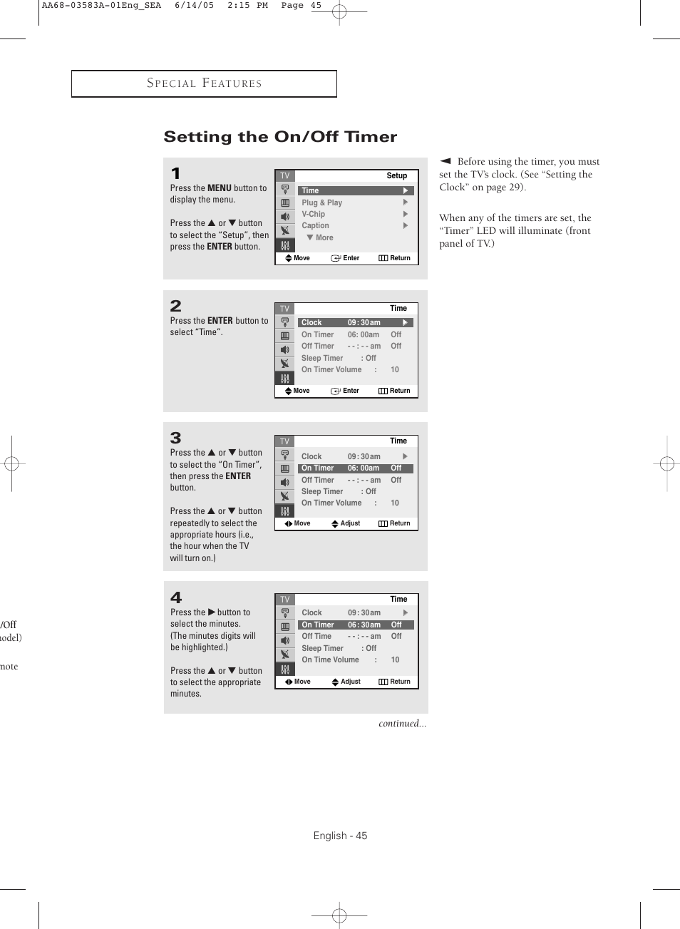 Setting the on/off timer | Samsung TXR2735X-XAA User Manual | Page 45 / 64