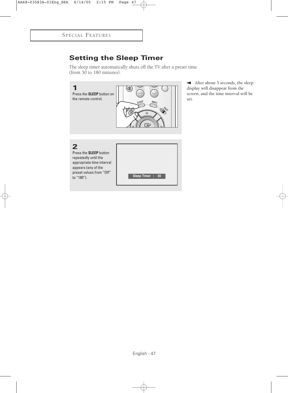 Setting the sleep timer | Samsung TXR2735X-XAA User Manual | Page 47 / 64