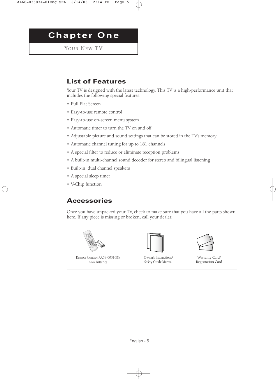 Chapter 1: your new tv, List of features, Accessories | Samsung TXR2735X-XAA User Manual | Page 5 / 64