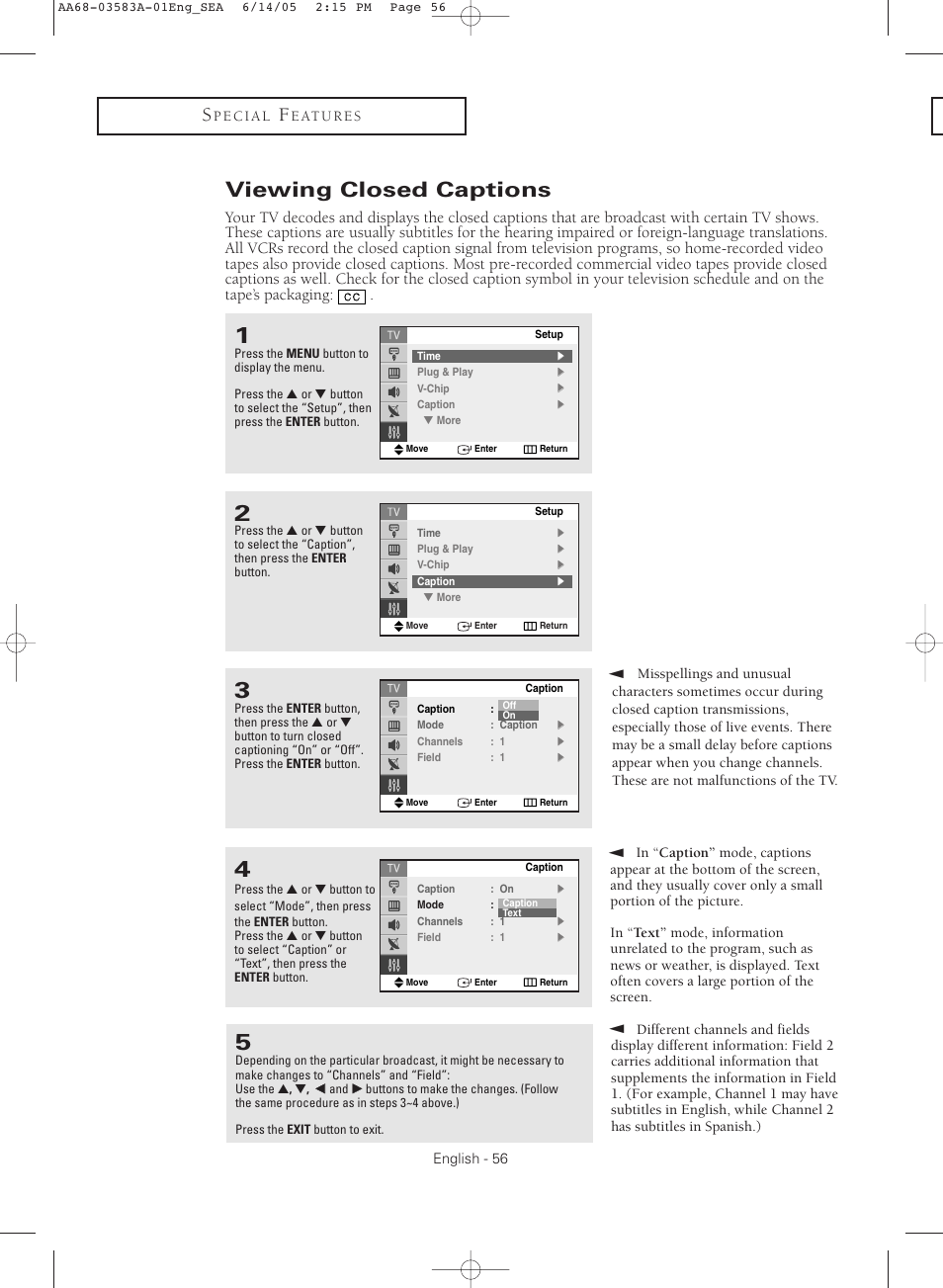 Viewing closed captions | Samsung TXR2735X-XAA User Manual | Page 56 / 64