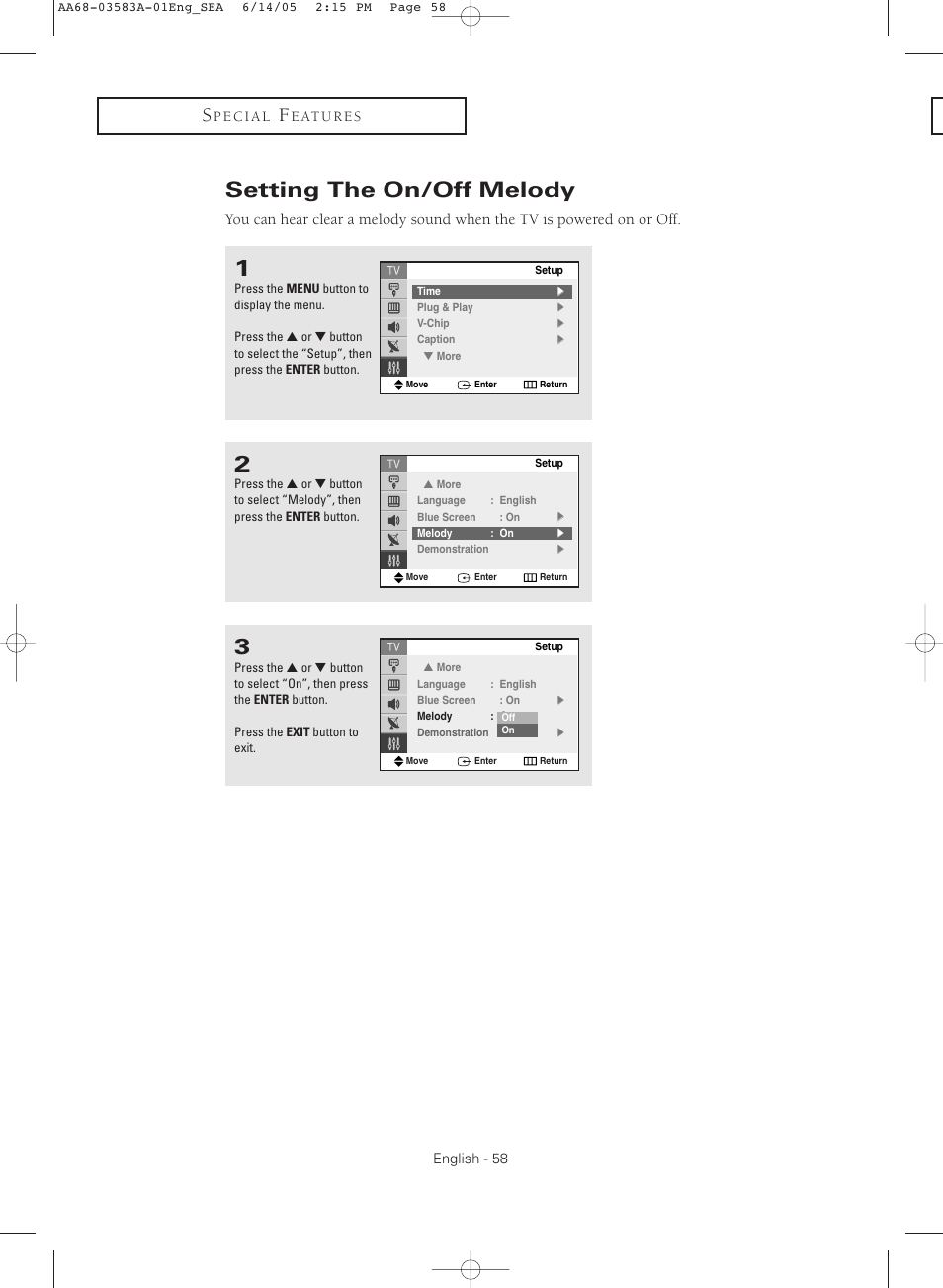 Setting the on/off melody | Samsung TXR2735X-XAA User Manual | Page 58 / 64
