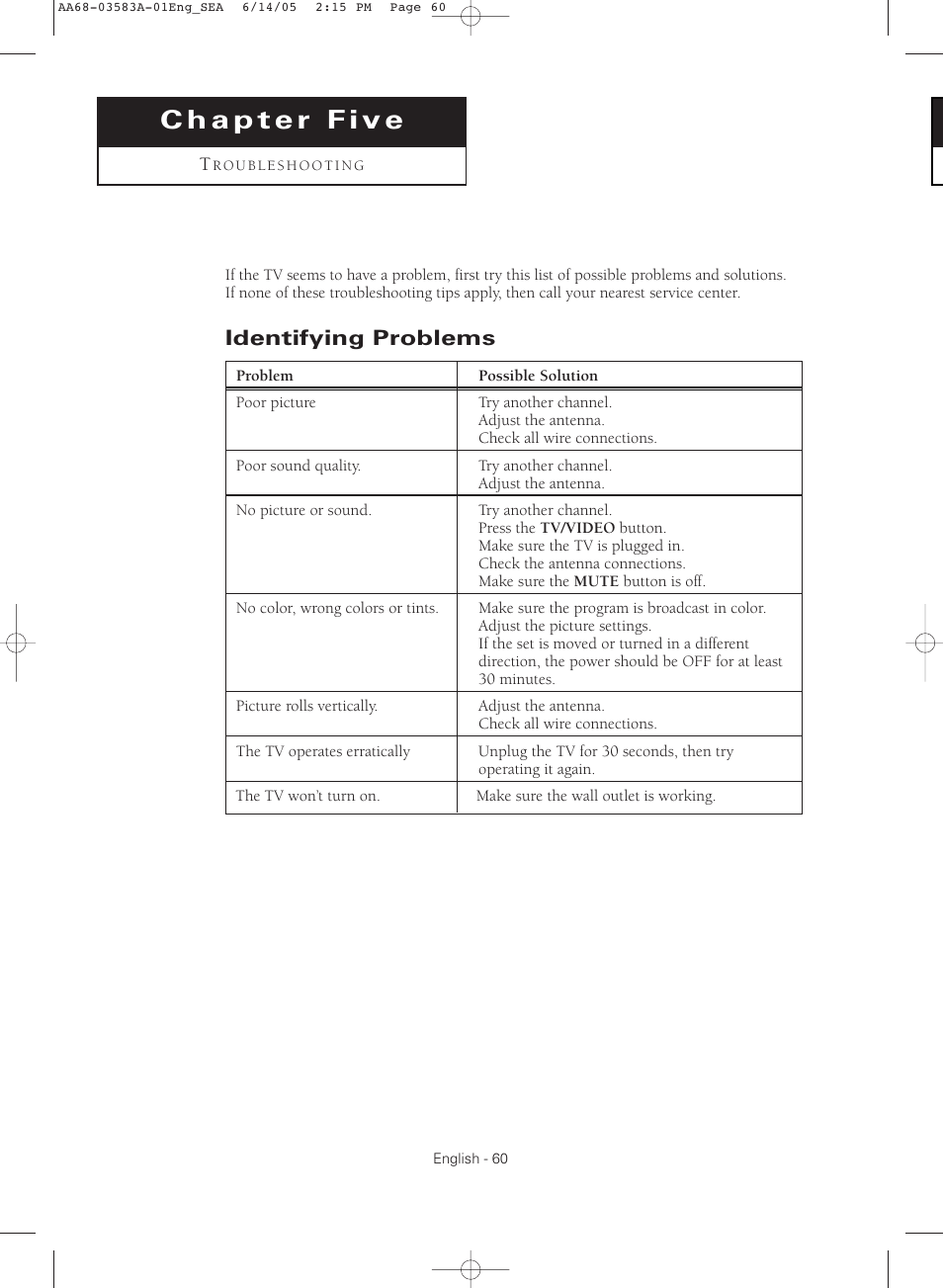 Chapter 5: troubleshooting, Identifying problems | Samsung TXR2735X-XAA User Manual | Page 60 / 64
