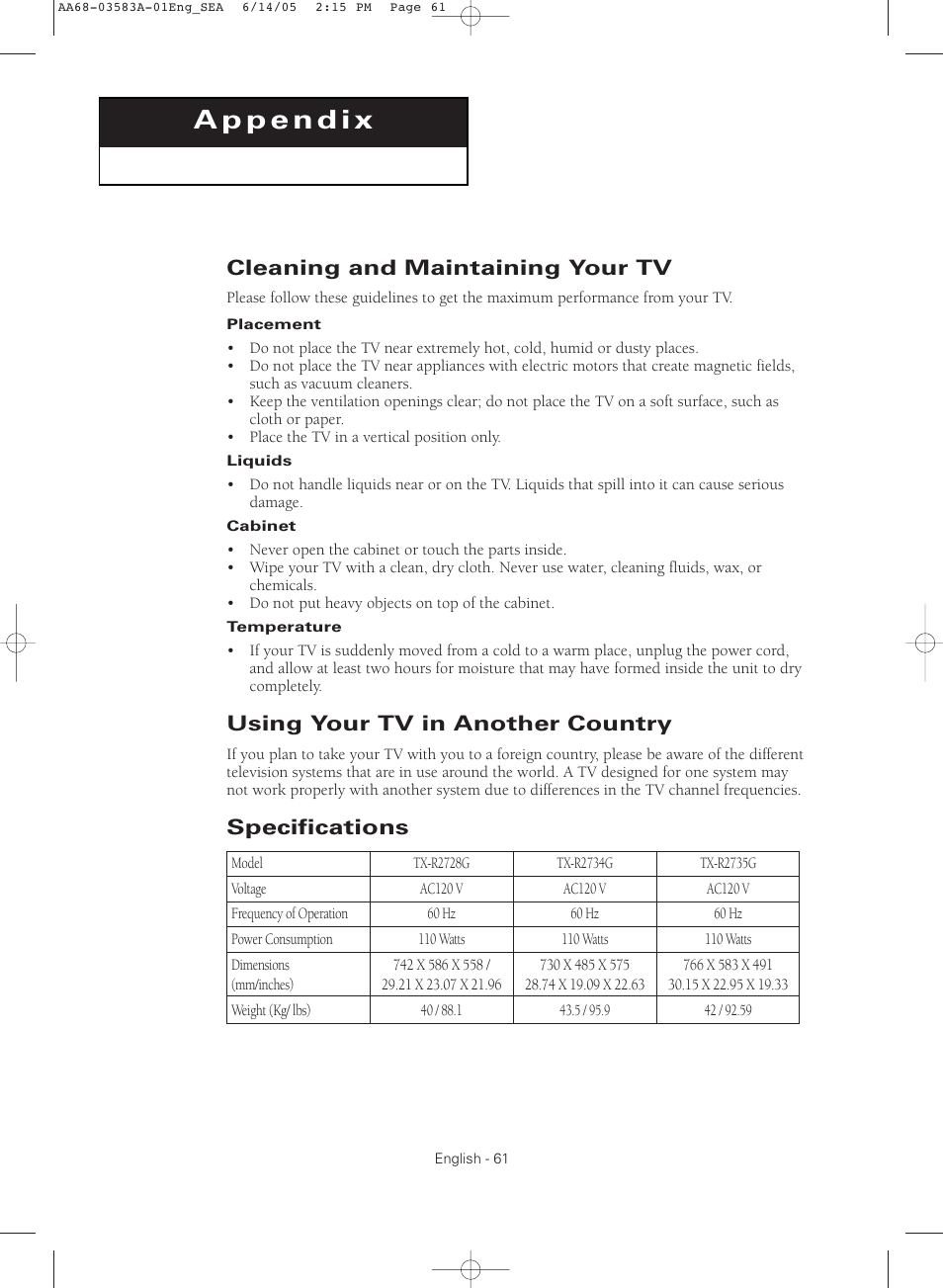 Appendix, Cleaning and maintaining your tv, Using your tv in another country | Specifications | Samsung TXR2735X-XAA User Manual | Page 61 / 64