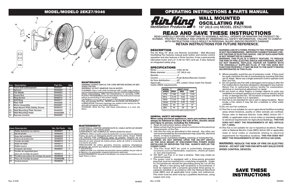 Air King KING AIR 9046 User Manual | 2 pages