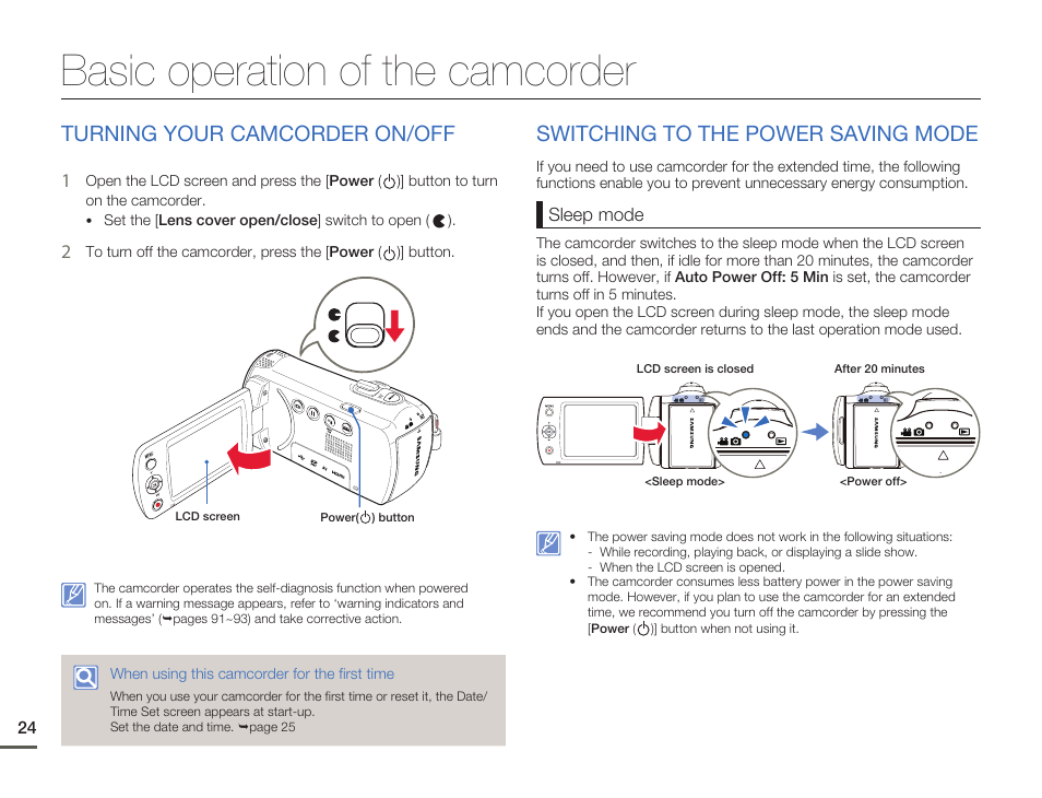 Basic operation of the camcorder, Turning your camcorder on/off, Switching to the power saving mode | Samsung HMX-F80BN-XAA User Manual | Page 28 / 111