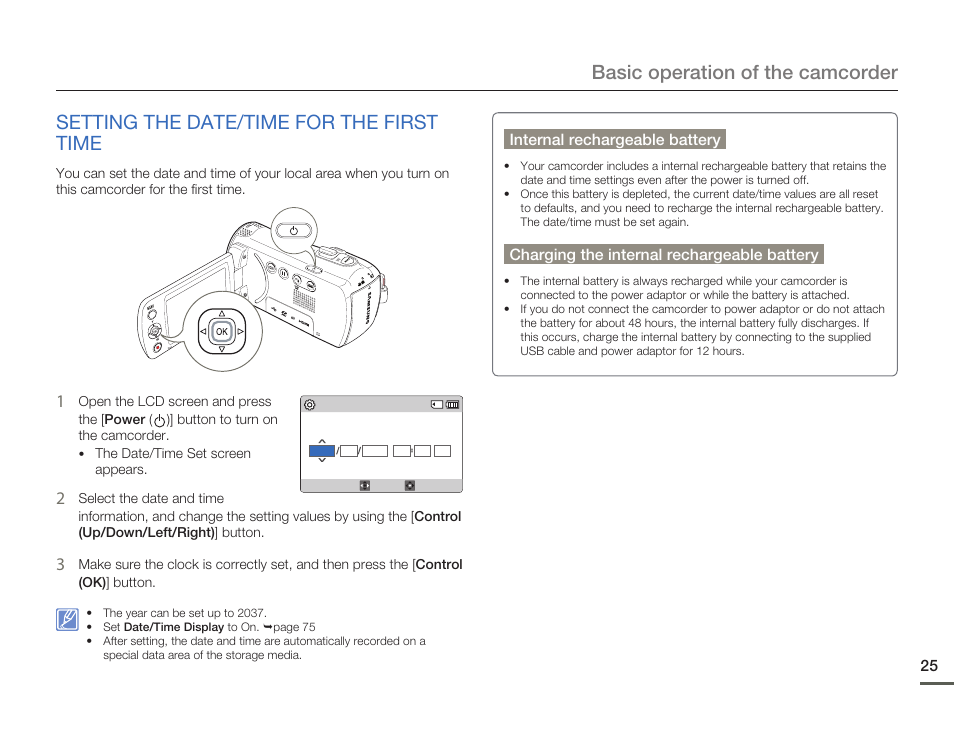 Setting the date/time for the first time, Internal rechargeable battery, Charging the internal rechargeable battery | Samsung HMX-F80BN-XAA User Manual | Page 29 / 111