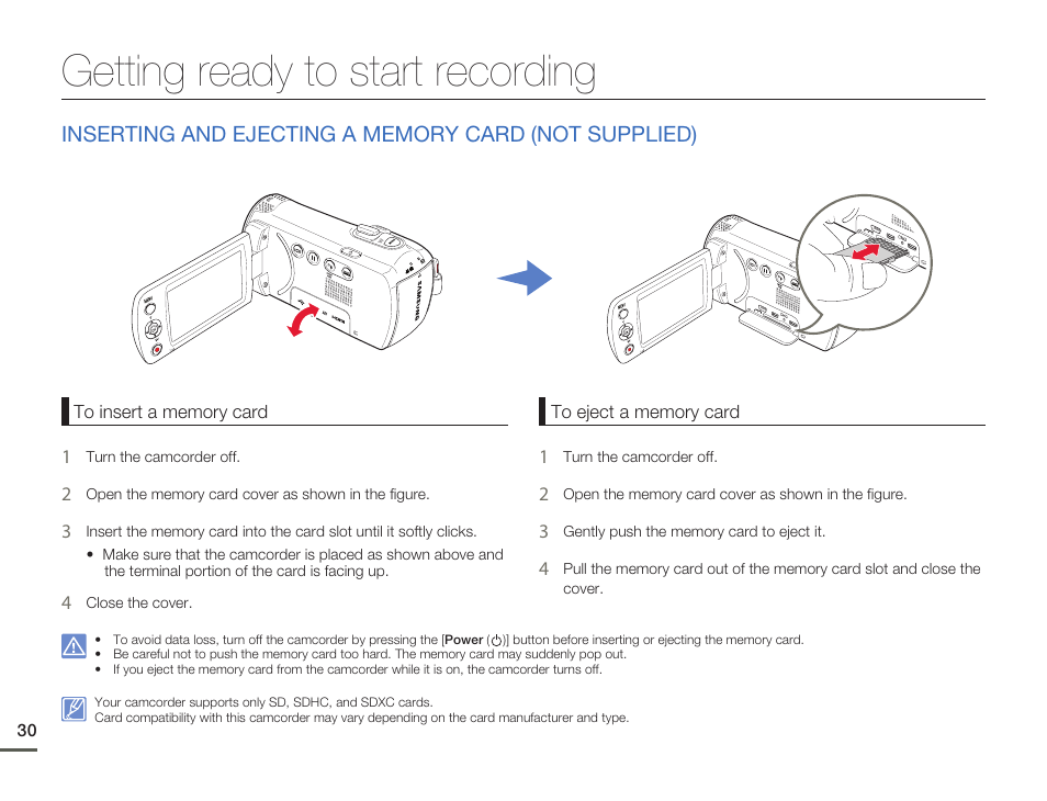 Getting ready to start recording | Samsung HMX-F80BN-XAA User Manual | Page 34 / 111